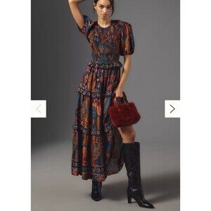Farm Rio Short - Sleeve Floral print Crew - Neck Tiered A - Line Maxi Dress Smal